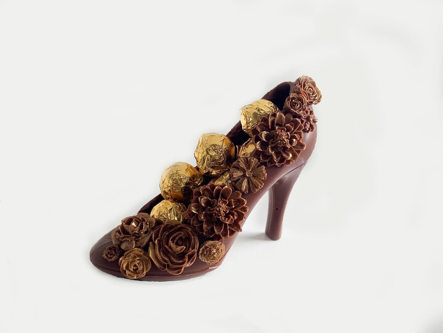 Handmade Vegan Chocolate Shoe with handmade Gold Flowers