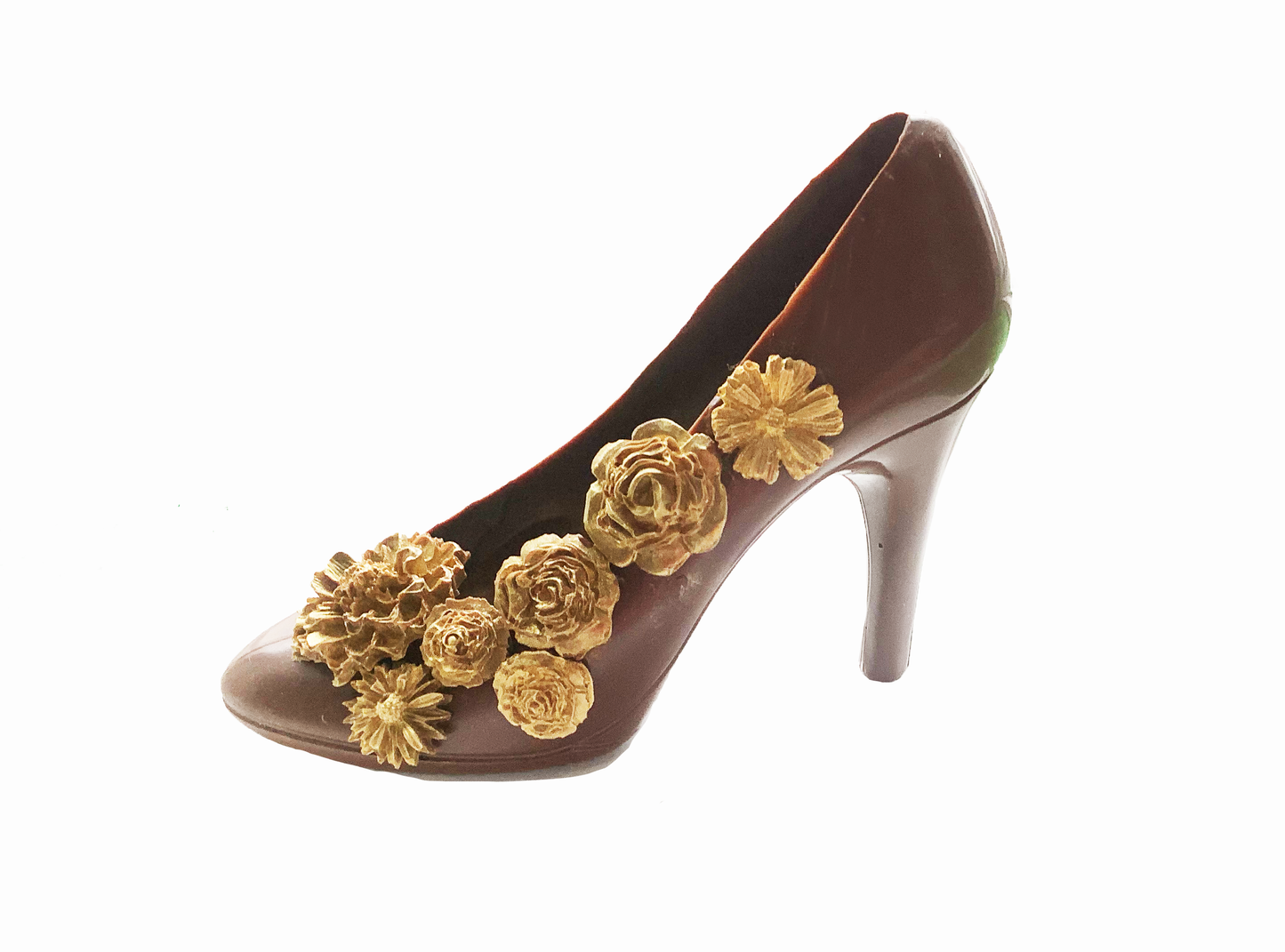 Handmade Vegan Chocolate Shoe with handmade Gold Flowers